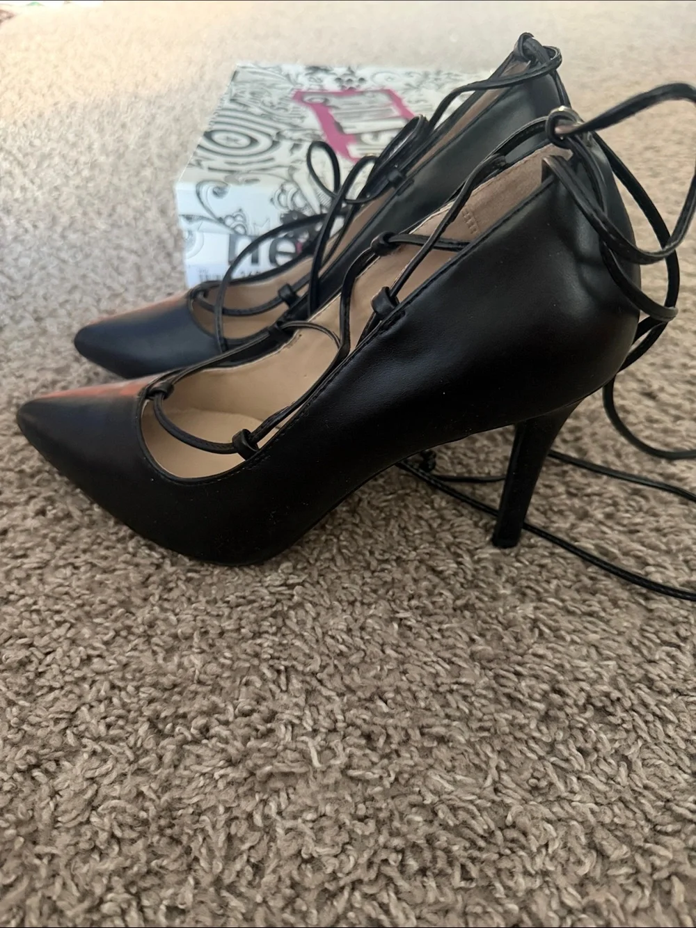 Brash Black Lace-Up Pointed Stiletto Heels